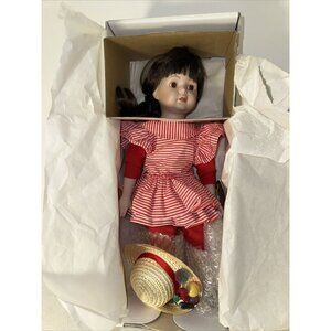 Designs by Yoko Porcelain Doll Girl Red Stripe Dress Dark Hair New In Box